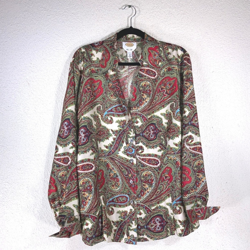 Talbots Womens 18 Pure Silk Paisley Button Down Blouse Long Sleeve Multi Color